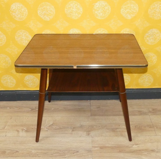 Image 1 of Table de cocktail des années 60 Resopal teck/bord doré + tablette Table d'appoint rectangulaire Table basse sixties rétro vintag