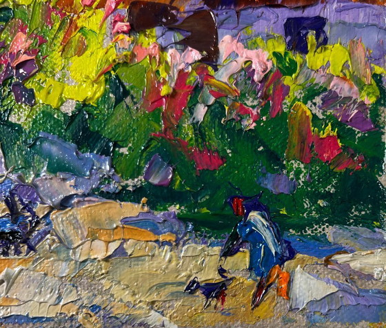 Image 1 of Original Oil Painting Summer Village Landscape Bloom and light between buildings