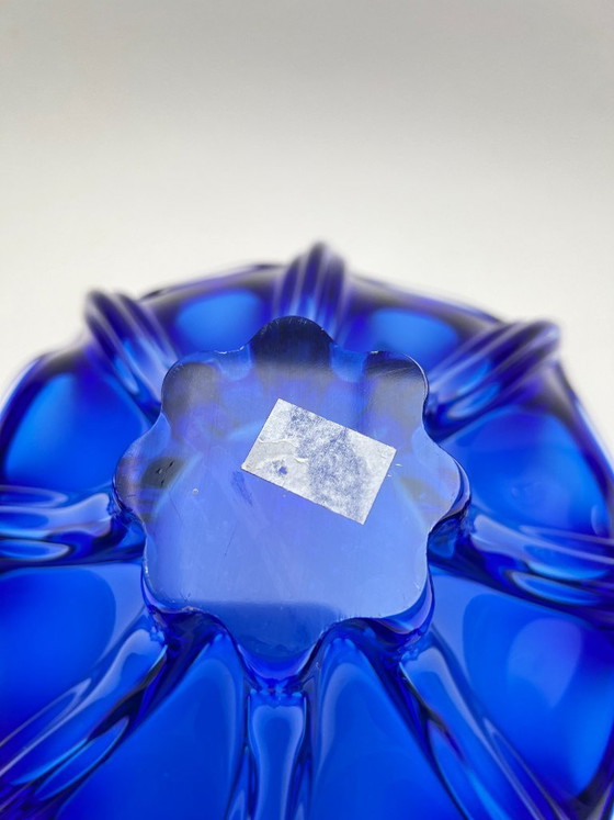 Image 1 of Egermann crystal glass bowl, blue, Bohemian, Czech, pointed bowl, mid-century