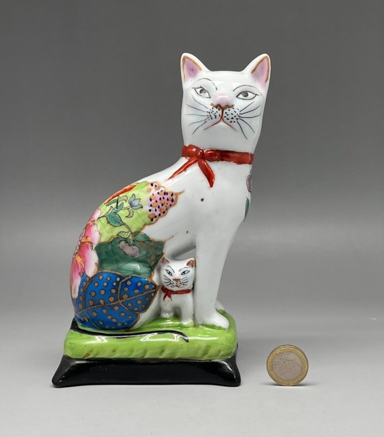 Image 1 of Hand-Painted Ceramic Figurine – Cat with Kitten – Asian Decor