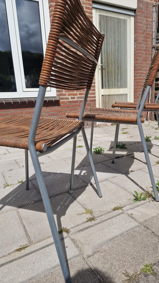 3 sedie da pranzo di Tito Agnoli per Bonacina Italia Struttura in acciaio inossidabile Seduta e schienale in pelle marrone scuro