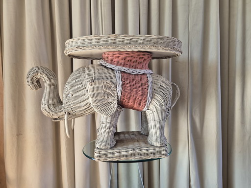 Vintage white and pink wicker elephant