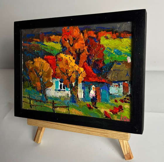 Image 1 of Original Oil Painting Countryside Landscape House Crimson Autumn in the Village