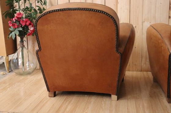 Image 1 of Coppia di poltrone club in pelle in stile Art Déco, anni '30