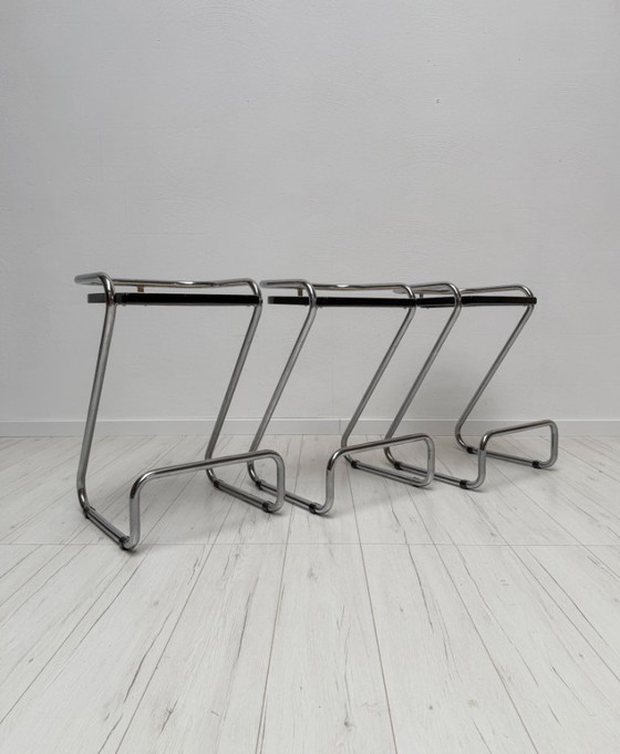 1970s Set of 3 Vintage Italian Wicker & Chrome Barstools (photo 2 of 9)