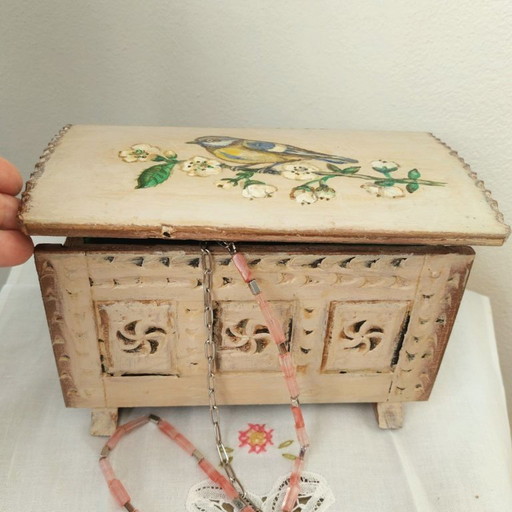 Scatola portagioie vintage in legno | Scatola per uccelli con decorazione a cinciallegra dipinta a mano