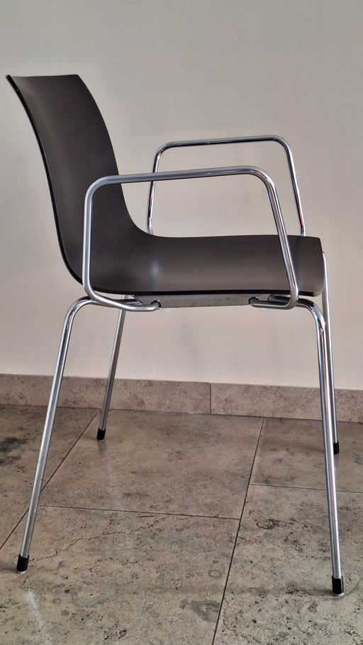 4x Arper Catifa 46 chairs with armrests and wooden shell.