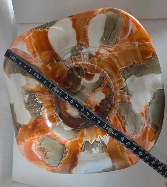 Jaren 70 Kunstkeramiek Schaal (Ø 27cm) • Vloeiglasuur Oranje Bruin • Fabrikant Onbekend – Schalen, Ceramic (photo 3 of 5)