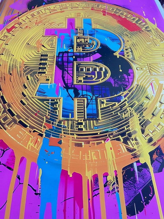 Image 1 of Dine CHANIMA – Riesiger Pop-Art-Bitcoin in Neonfarben XXL – Gemälde eines digitalen Künstlers