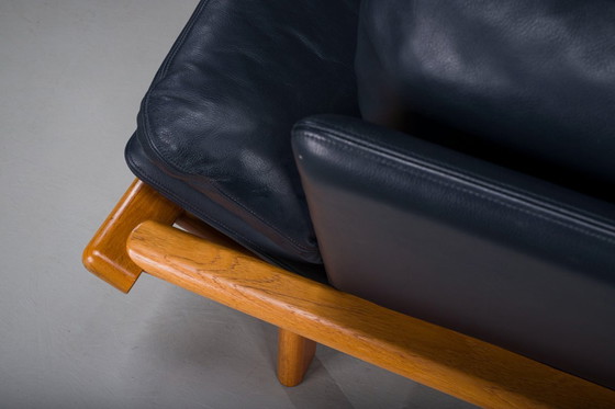 Image 1 of Danish Teak and Navy Blue Leather 2-Seater Sofa from Komfort, 1970s