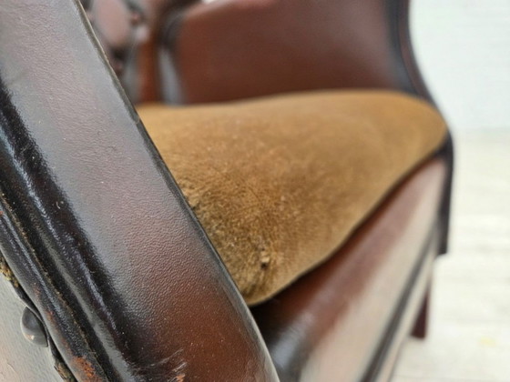 Image 1 of 1930s, Danish armchair, brown furniture leather, velour.