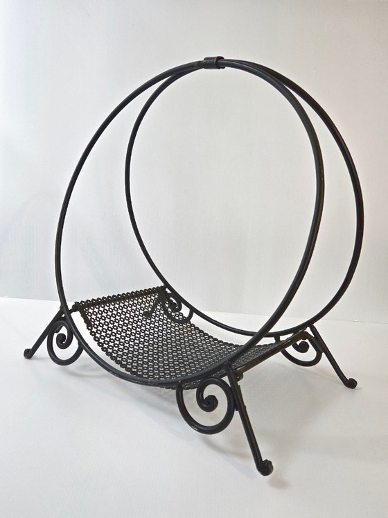 Image 1 of Vintage houtblokhouder uit de jaren 50, metaal en geperforeerd zwart metaal, rockabillystijl uit de jaren 50