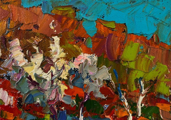 Image 1 of Original Oil Painting Colorful Forest Landscape Flowering trees in the garden
