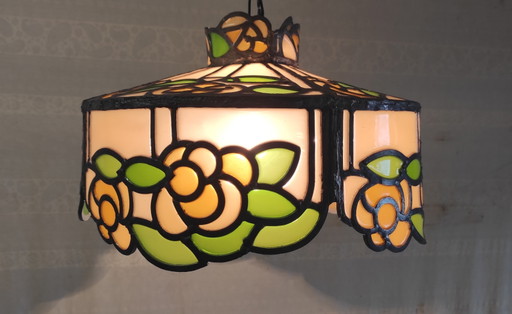 Hanglamp van glas en lood in Tiffany-stijl - midden 20e eeuw