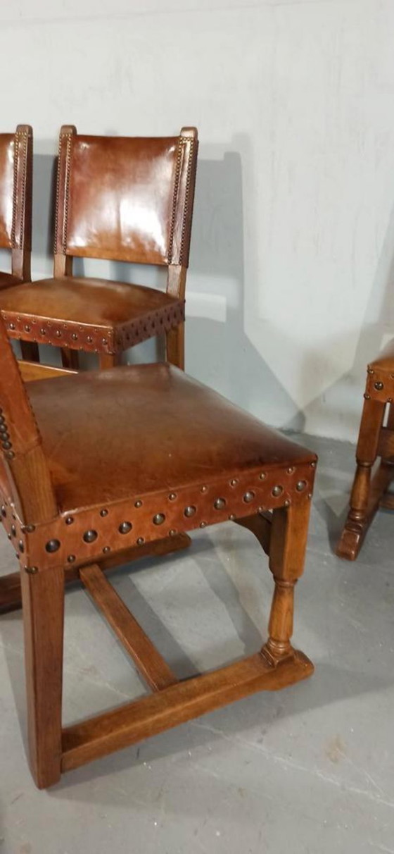 Image 1 of 6 x vintage  Spanish solid wood and leather dining chairs