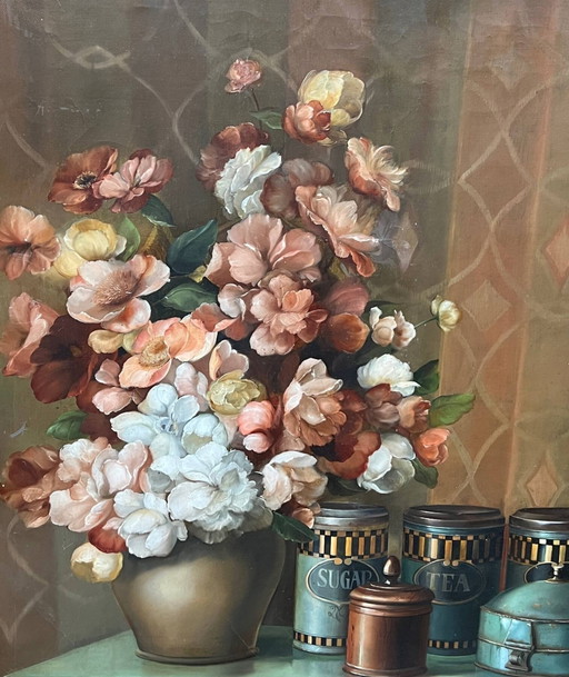 Still life with flowers. signature. in a beautiful, expensive setting. – schilderijen tekeningen, Canvas (photo 2 of 8)
