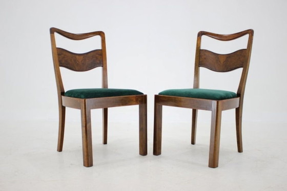 Image 1 of Set of Four Czechoslovakian Art Deco Refurbished Walnut and Velvet Dining Chairs, 1930s