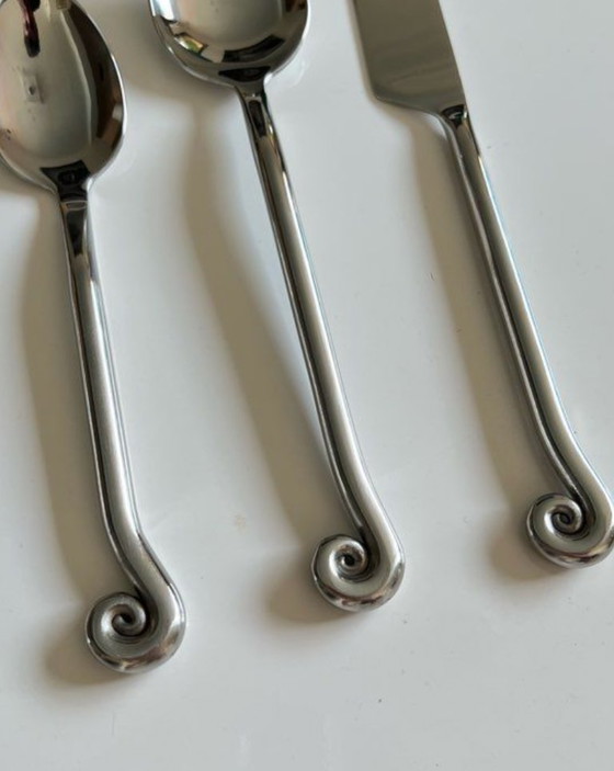 Image 1 of Set di 5 posate in acciaio inox – forma organica a spirale/vortice – stoviglie vintage originali