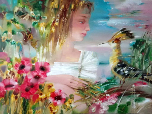 Original Oil Painting Abstract Expressionism Figurative Girl Bird Summer Day – schilderijen tekeningen, Canvas