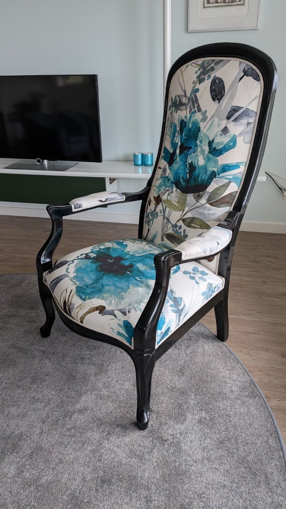 Armchair with floral print, Roche Bobois, Wood, Textile, Black, Vintage (photo 4 of 8)