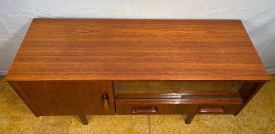 Image 1 of Mid-Century Retro Vintage Teak Small Sideboard by Jentique 1960s  Sliding Glass Doors • Elegant Danish Influence • Perfect Compa