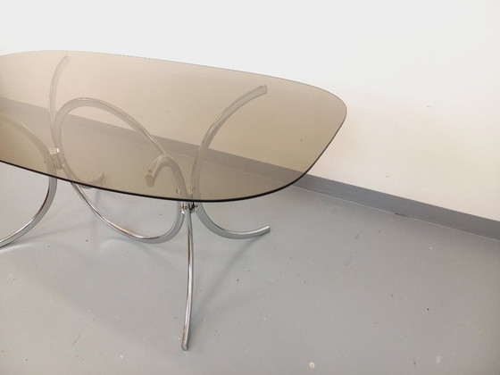 Image 1 of Table à manger rectangulaire arrondie vintage en verre fumé et métal chromé style Space Age des années 70