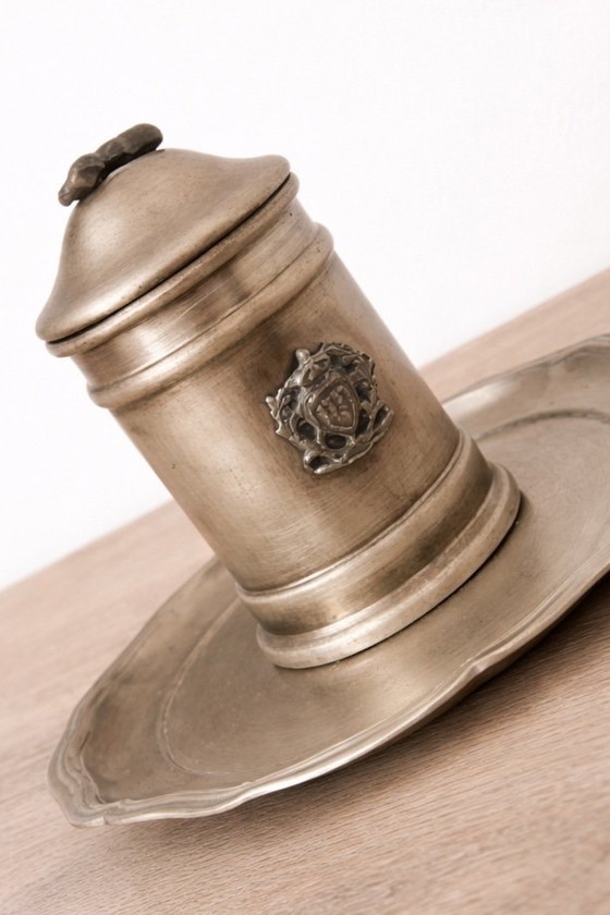 Image 1 of Antique pewter inkwell with tray