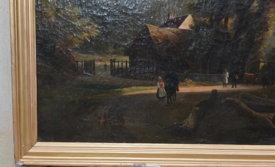 19e-eeuwse Franse School – Groot Olieverf op Doek - Geanimeerd Landschap met Cottage (photo 3 of 11)
