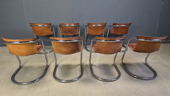 Image 1 of Vintage eetkamerstoelen van leer en chroom van Willy Rizzo, jaren 70 - set van 8