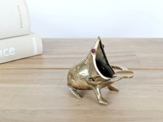 Image 1 of Midentury Vintage Brass Frog Figurine Trinket, Sculptural Quirky with Ruby Red Crystal Eyes