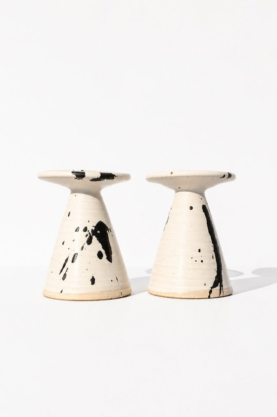 Image 1 of Bougeoirs en céramique rares, style postmoderne, à décor éclaboussé, de Karsten Nielsen KN, Danemark