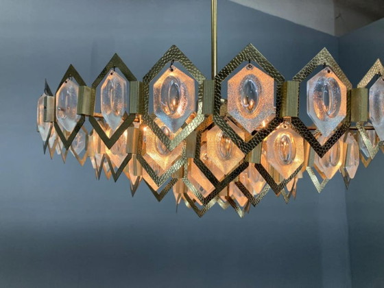 Image 1 of Kronleuchter aus facettiertem Glas, Messing, Jaroslav Bejvl Kamenický Šenov, 1960er Jahre, Tschechoslowakei