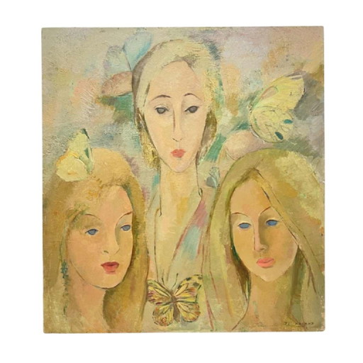 Roland Flory, Las Mariposas, 3 Rostros de Mujer, Óleo sobre Tabla, 1975