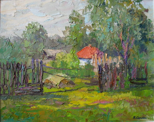 Origineel Olieschilderij Landelijk Landschap Zomerdorp Wit Huis