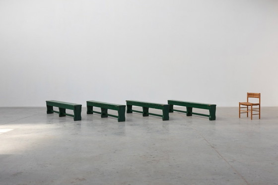 Image 1 of Panca rustica primitiva verde in rovere massiccio, Francia ca. 1900