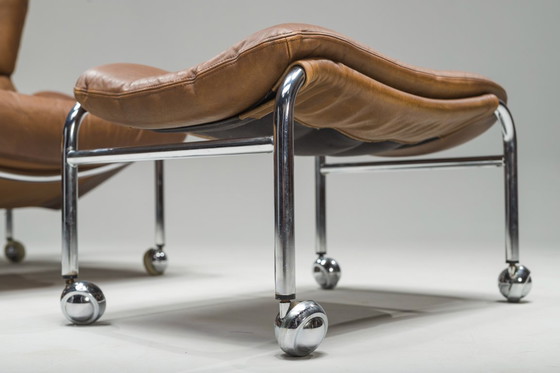 Image 1 of  Conjunto de tumbona y otomana suecas en cromo y cuero marrón de Scapa Rydaholm, años 60