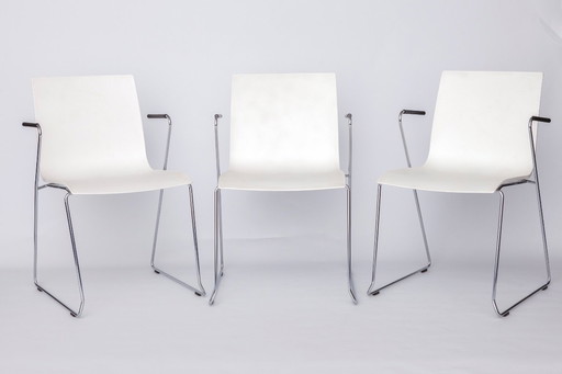 Set of 3 Thonet Stackable Chairs – Vintage Conference or Dining Chairs, 2000s Modern Design, Metal Frame & Plastic Seat