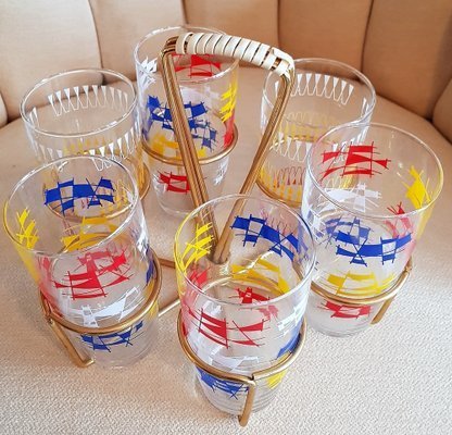 Drinking Glass Set In Brass Holder, 1950S, Set Of 7