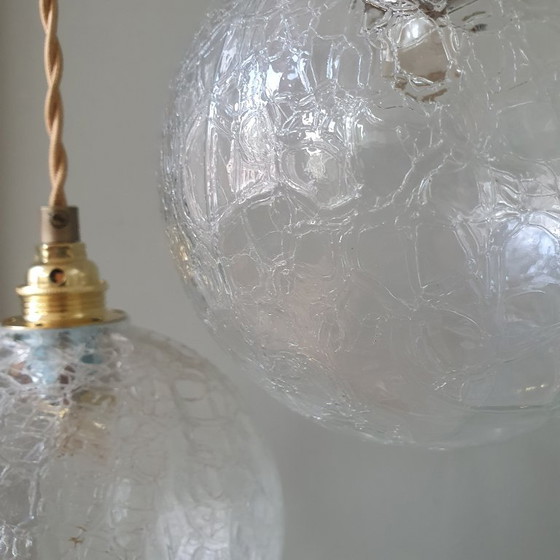 Set (3) Vintage Crackle Glass Sfera / Lampade a sospensione - Midcentury – Metal (photo 20 of 21)
