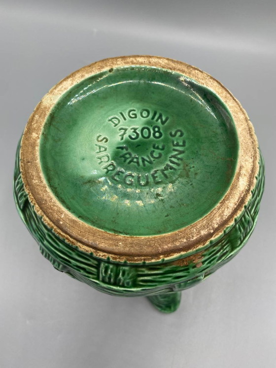 Digoin Sarreguemines Green Slipware Jug with Basketweave Pattern, Model 7308 – Crockery (photo 5 of 7)