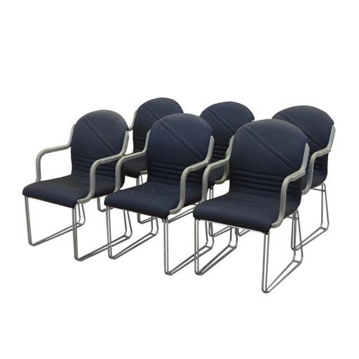 Set di sei sedie con braccioli, rivestimento blu, design moderno italiano, anni '90 – eetkamerstoelen, Textile, Wood