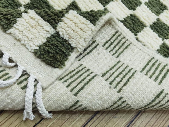 Image 1 of Handmade Moroccan wool rug: 300/70 cm abstract olive green checkered hallway runner