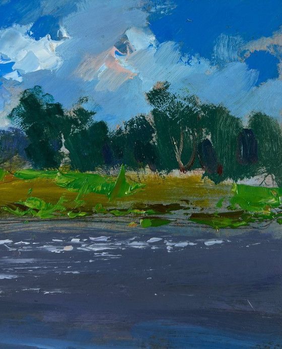 Image 1 of Original Oil Painting Summer Coastal Landscape People looking at the flow of river