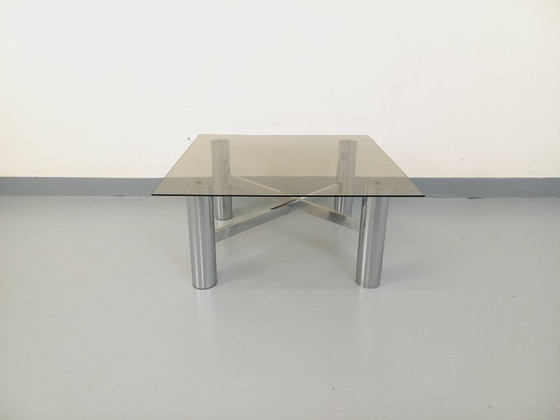 Image 1 of Vintage Italian square Space Age coffee table in smoked glass and chrome metal from the 1970s