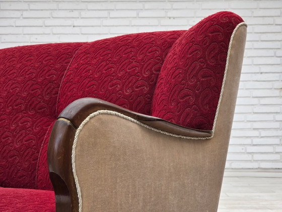Image 1 of Divano danese a 3 posti degli anni '50, rivestimento originale in lana per mobili rosso/beige.