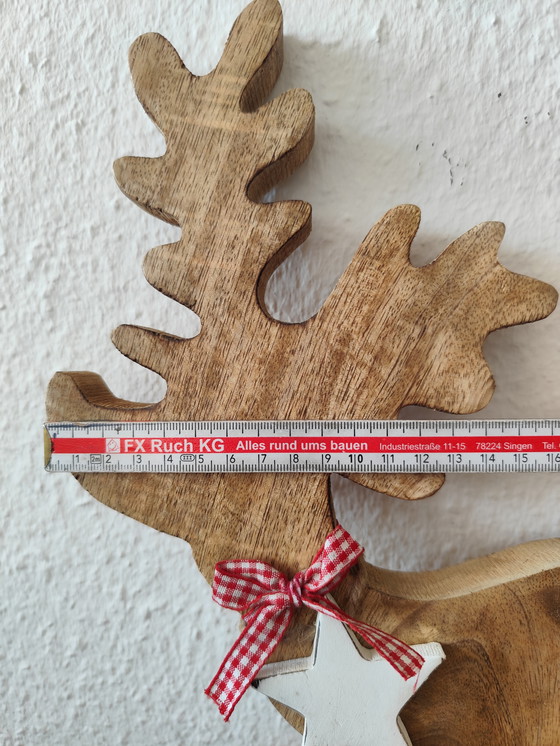 Image 1 of 🌲 Cute wooden moose figurine – 40 cm – natural – with bow & star 🌟
