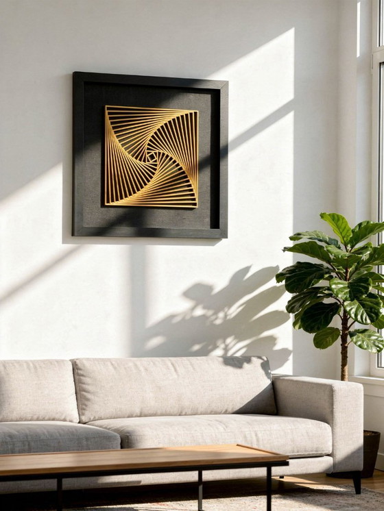 Image 1 of 3D-geprinte gele spiraalvormige wanddecoratie – geometrisch ingelijst kunstwerk, PLA-sculptuur