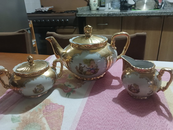 Image 1 of Vintage Bavaria Tea Service - 24K Gold Porcelain and Galanti Scenes, 15-Piece Set.