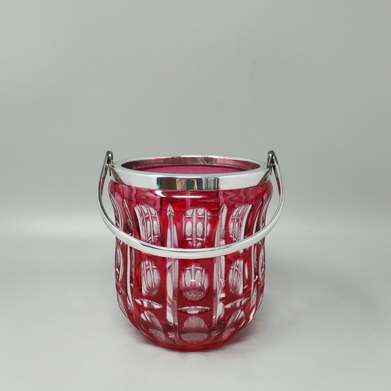 Image 1 of 1960s Gorgeous Bohemian Red Cut Crystal Glass Cocktail Shaker With Ice Bucket. Fabriqué en Italie