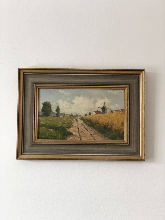 Image 1 of Peinture à l'huile originale vintage représentant un paysage de cottage : œuvre d'art encadrée